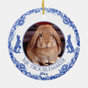 Kerstmis Bunny Rabbit Pet Fotodatum Blauw Willow Keramisch Ornament