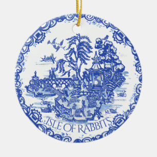 Kerstmis Bunny Rabbit Pet Photo Date Blue Willow Keramisch Ornament