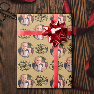 Kerstmis Calligrafie Ronde Foto Goud Cadeaupapier