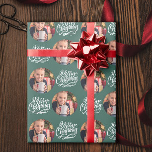 Kerstmis Calligrafie Ronde Foto Groen Cadeaupapier