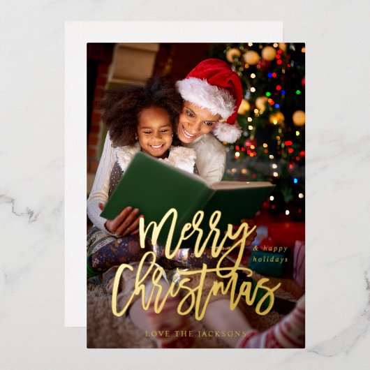 Kerstmis Calligrafie Verticale Foto - Wit Folie Uitnodiging (Voorkant / Achterkant)