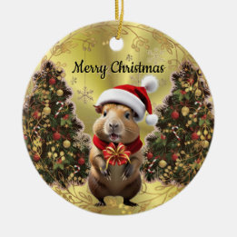 Kerstmis Capybara Geflankeerd door Kerstbomen Keramisch Ornament