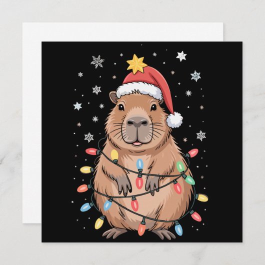 Kerstmis Capybara Met Kerstman Hoed Kerstlichtjes Feestdagenkaart (Voorkant / Achterkant)
