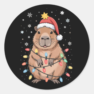 Kerstmis Capybara Met Sinterklaas Hoed Xmas Lichtj Ronde Sticker