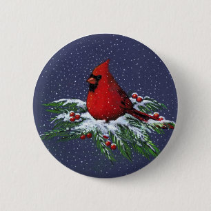 KERSTMIS: CARDINAL: BIRD: KUNST RONDE BUTTON 5,7 CM