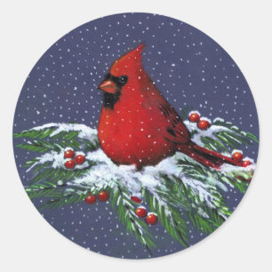 KERSTMIS: CARDINAL: BIRD: KUNST RONDE STICKER