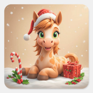 Kerstmis Cartoon Paard Met Kerstman Hoed Vierkante Sticker