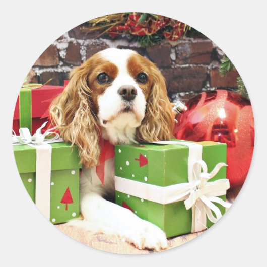 Kerstmis - Cavalier King Charles Spaniel - Klaproo Ronde Sticker (Voorkant)