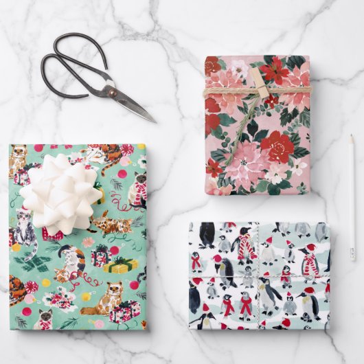 KERSTMIS CHAOS BUNDEL KATTEN, PINGUÏNS, POINSETTIA INPAKPAPIER VEL (Voorkant)