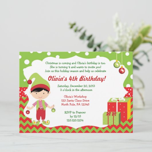 Kerstmis Chevron Boy Elf Birthday Uitnodiging (Staand voorkant)