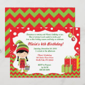 Kerstmis Chevron Girl Elf Birthday Uitnodiging (Voorkant / Achterkant)