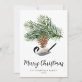 Kerstmis chickade op dennenappel rustieke winter feestdagenkaart (Voorkant)