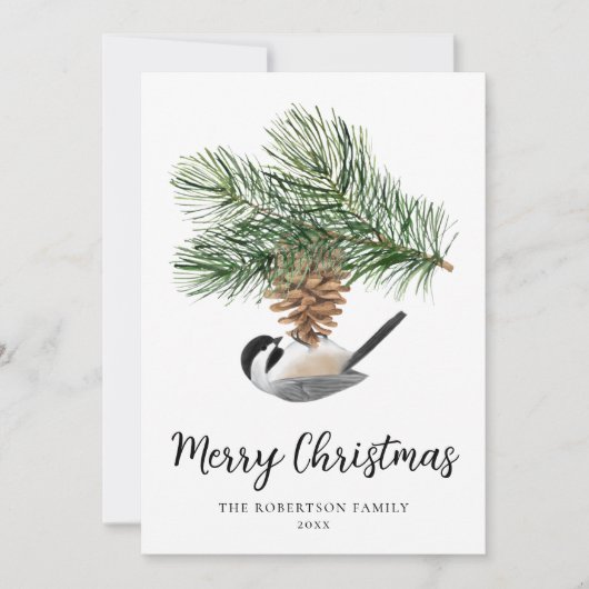 Kerstmis chickade op dennenappel rustieke winter feestdagenkaart (Voorkant)