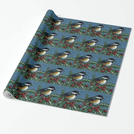 Kerstmis: Chickadee, Pine Branch, Sneeuw: Kunst Cadeaupapier (Uitgerold)
