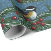 Kerstmis: Chickadee, Pine Branch, Sneeuw: Kunst Cadeaupapier (Rol Hoek)