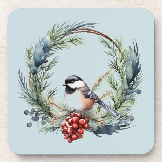 Kerstmis Chickadee Vogel in kranskunst Bier Onderzetter (Voorkant)