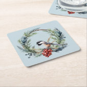 Kerstmis Chickadee Vogel in kranskunst Kartonnen Onderzetters (Schuin)