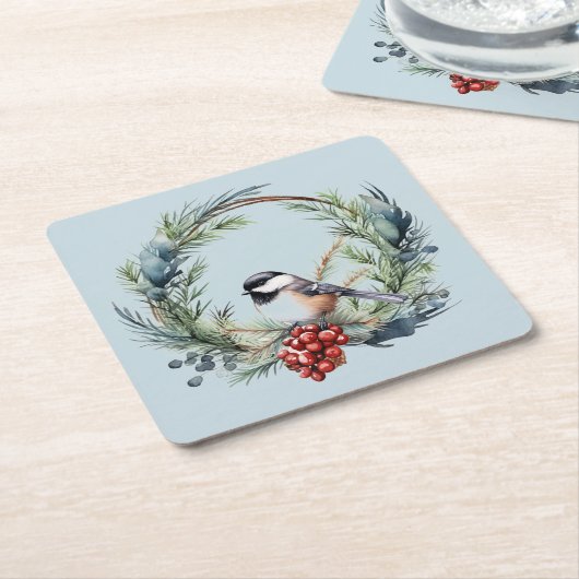 Kerstmis Chickadee Vogel in kranskunst Kartonnen Onderzetters (Schuin)