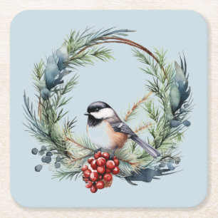 Kerstmis Chickadee Vogel in kranskunst Kartonnen Onderzetters
