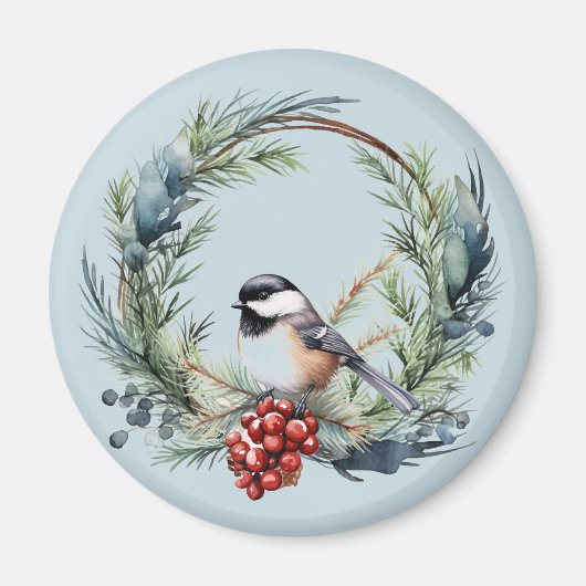 Kerstmis Chickadee Vogel in kranskunst Magneet (Voorkant)