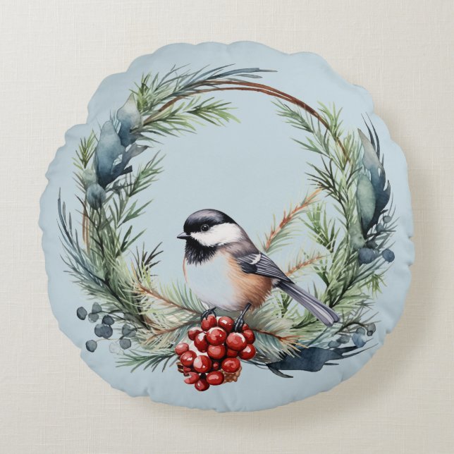 Kerstmis Chickadee Vogel in kranskunst Rond Kussen (Voorkant)