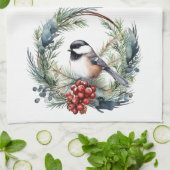 Kerstmis Chickadee Vogel in kranskunst Theedoek (Gevouwen)