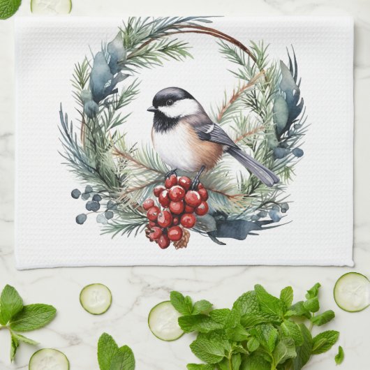 Kerstmis Chickadee Vogel in kranskunst Theedoek (Gevouwen)