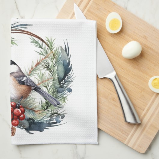 Kerstmis Chickadee Vogel in kranskunst Theedoek (Quarter Fold)