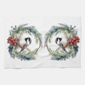 Kerstmis Chickadee Vogel in kranskunst Theedoek (Horizontaal)