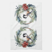 Kerstmis Chickadee Vogel in kranskunst Theedoek (Verticaal)