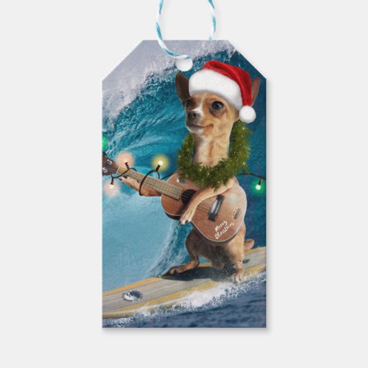 Kerstmis Chihuahua Surfing Cadeaulabel (Voorkant)