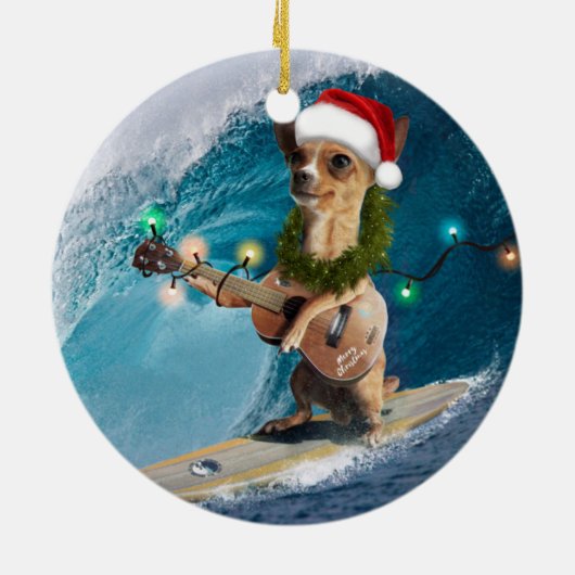 Kerstmis Chihuahua Surfing Keramisch Ornament (Achterkant)