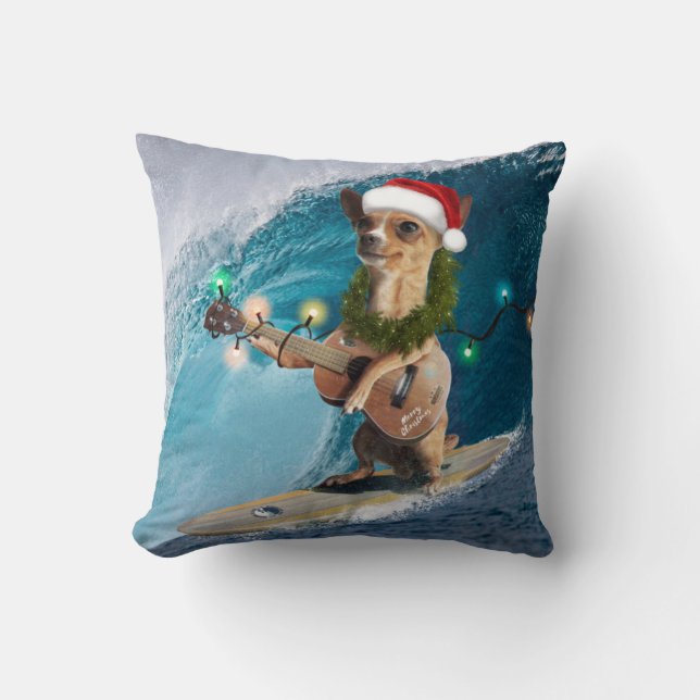 Kerstmis Chihuahua Surfing Kussen (Voorkant)