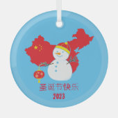 Kerstmis Chinese vlag Sneeuwman Glas Ornament (Voorkant)