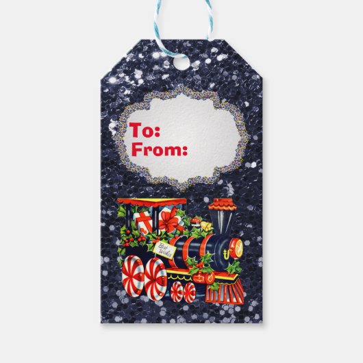 Kerstmis Choo Train Blue Faux Glitter Cadeaulabel (Voorkant)