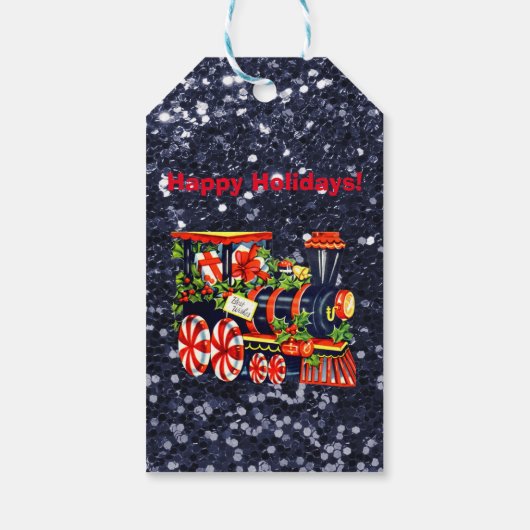 Kerstmis Choo Train Blue Faux Glitter Cadeaulabel (Achterkant)