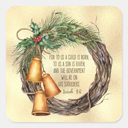 Kerstmis Christen Jesaja 9:6 Krans Elegant Vierkante Sticker (Voorkant)
