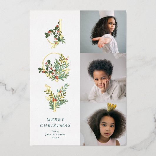 Kerstmis Classic Mint Botanical JOY Collage Foto Folie Feestdagenkaart (Voorkant)