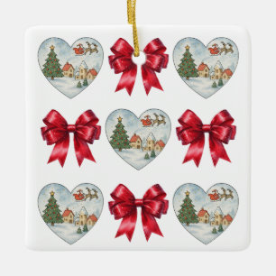 Kerstmis Coquette Hart en Strikken Patroon Keramisch Ornament