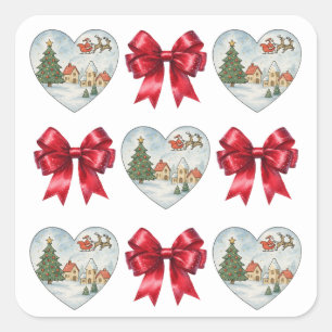 Kerstmis Coquette Hart en Strikken Patroon Vierkante Sticker