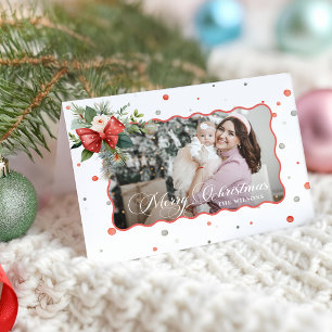 Kerstmis Coquette Strik, Lint Frame 1 Foto Feestdagen Kaart