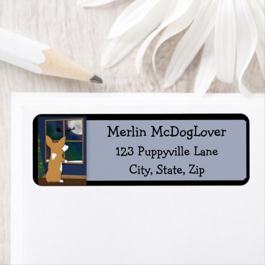 Kerstmis Corgi bij Venster Etiket (Insitu)