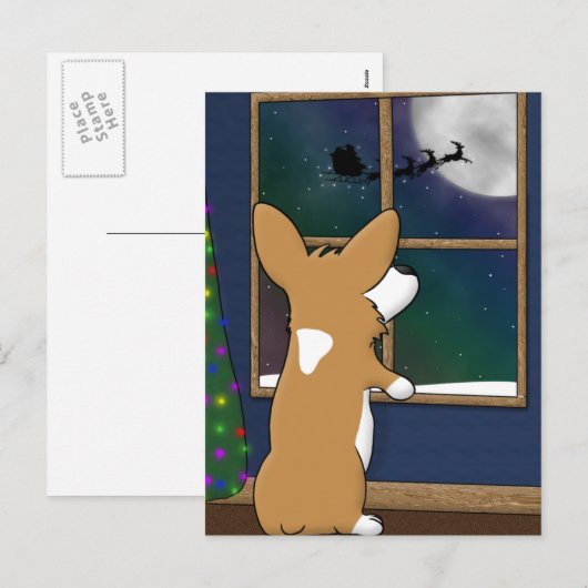 Kerstmis Corgi bij Venster Feestdagenkaart (Voorkant / Achterkant)