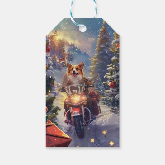 Kerstmis Corgi Hond op Motorfiets Cadeaulabel (Voorkant)