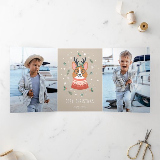 Kerstmis Corgi Kersttrui Drieluik Wenskaart (Binnen)