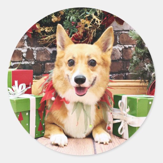 Kerstmis - Corgi - Pannenkoek Ronde Sticker (Voorkant)
