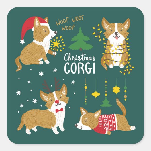 Kerstmis Corgi | Wof Wof Wof Vierkante Sticker (Voorkant)