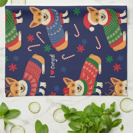 Kerstmis Corgis: feestelijke  illustratie. Theedoek (Gevouwen)