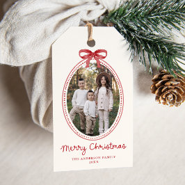 Kerstmis Crème Foto Vakantie met Vintage Rode Stri Cadeaulabel