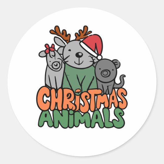 Kerstmis Critter Vrienden Feestelijke Bijeenkomst Ronde Sticker (Voorkant)
